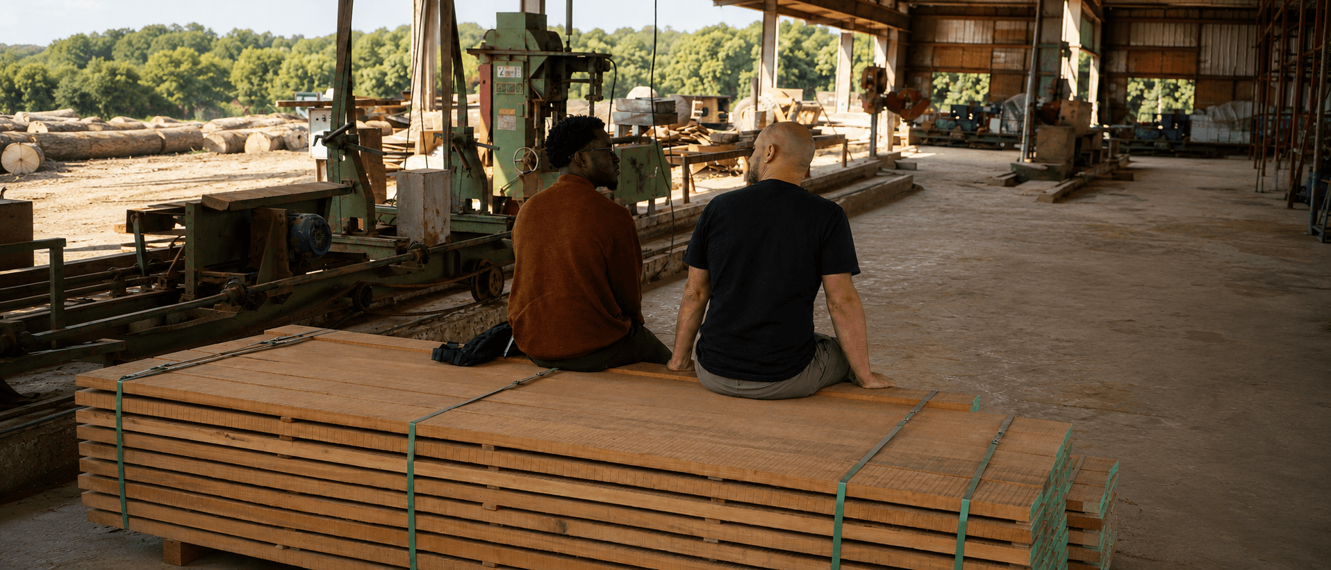 Two people discussing operations inside a timber processing facility, representing local partnerships and industrial development.