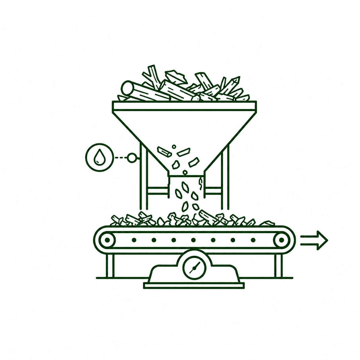Forestry residues entering a controlled intake, moisture monitoring and conveyor system.