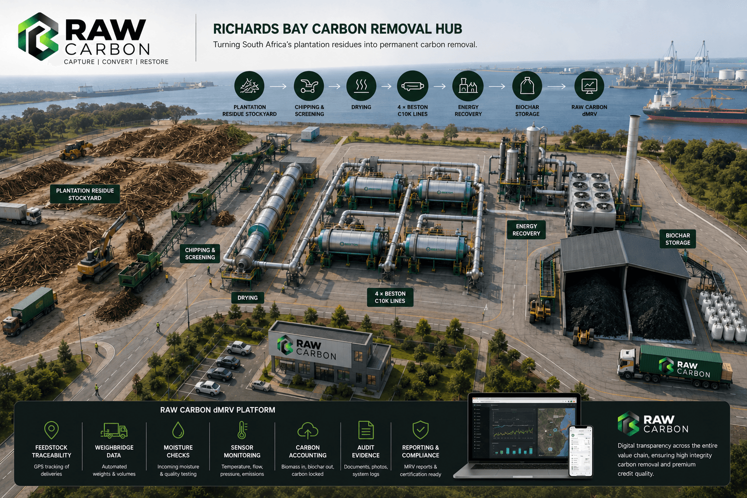 Illustrative visual of the planned Raw Carbon Richards Bay Carbon Removal Hub.
