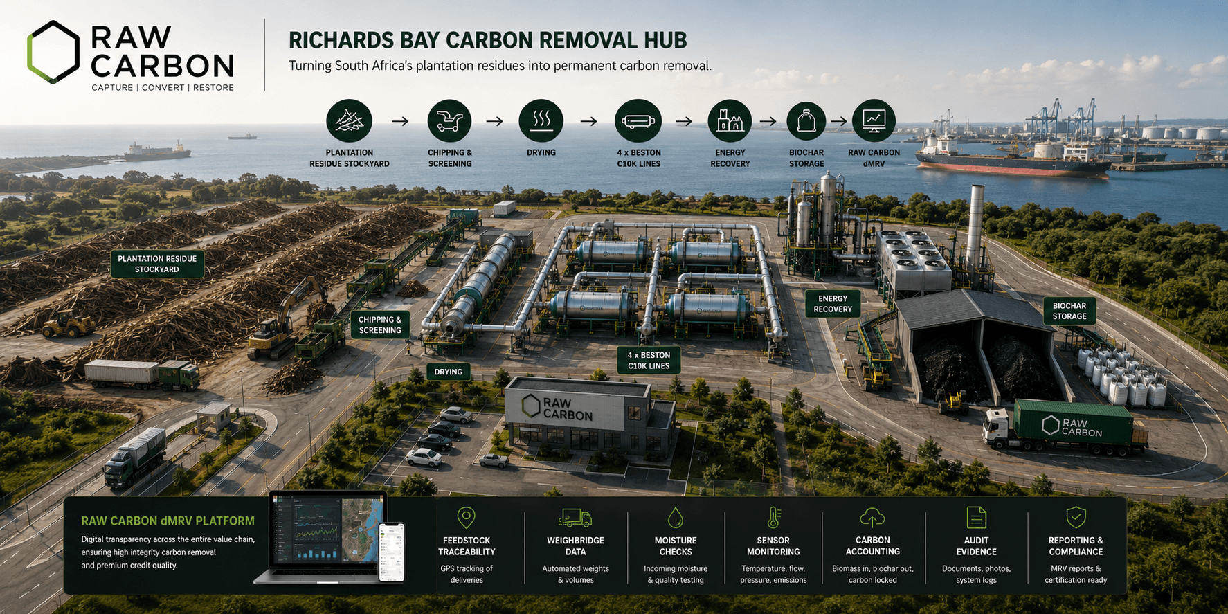 Illustrative visual of the planned Raw Carbon Richards Bay Carbon Removal Hub.