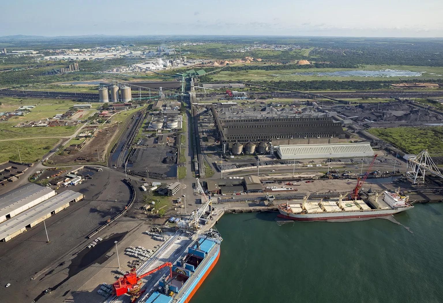 Aerial industrial logistics context near Richards Bay for Raw Carbon partner conversations